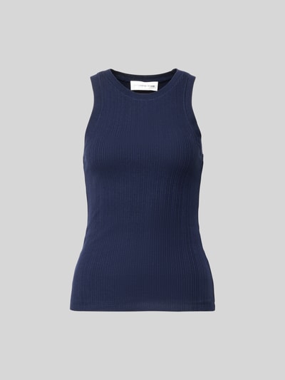 Produktfoto, Slim Fit Top mit Rundhalsausschnitt von Victoria Beckham in Dunkelblau, elastischer Baumwoll-Mix mit Strukturmuster, ärmellos.