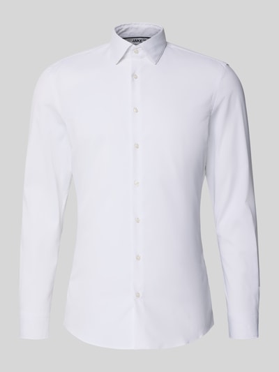 Produktfoto, weißes Super Slim Fit Business-Hemd mit Knopfleiste von Jake*s im Material-Mix mit Stretch-Anteil, Kentkragen, glatte Textur.
