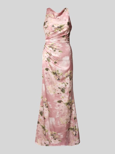 Produktfoto, Abendkleid mit Wasserfall-Ausschnitt von Mascara z satyny w różowe kwiaty, dopasowany krój, długa sukienka, drapowania, szerokie ramiączka krzyżowane z tyłu, zapięcie na haftkę i zamek błyskawiczny, długość tyłu w rozmiarze 36: 145 cm, szerokość w rozmiarze 36: 37 cm