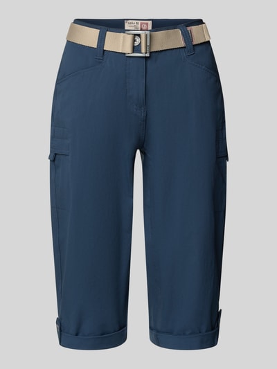 Produktfoto, Bermudas mit Pattentaschen und Saum mit fixiertem Aufschlag von G.I.G.A. DX in Blau, Straight Fit, beigefarbener Gürtel, glatte Textur, wasserabweisender HYDROCOOL Effekt, sichtbare Knopf- und Reißverschlussleiste, seitliche Eingrifftaschen, Klappentaschen mit Klettverschluss, fest umgeschlagener Saum, Label-Patch und Gesäßtaschen, Bundweite 38 cm, Innenbeinlänge 41 cm.