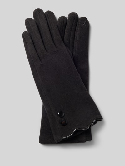 Produktfoto, Handschuhe aus elastischem Material-Mix mit Zierknöpfen von EEM, schwarze Damen Handschuhe mit Leder-Optik am Saum.