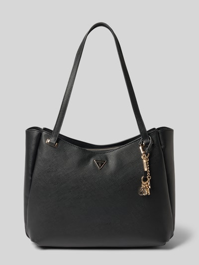 Productfoto, Tote Bag uit imitatieleer Model 'Gilda' van GUESS in zwart met logodetail, Hoofdvak met ritssluiting, smalle schouderband, Breedte 38 cm, Lengte 28 cm, Diepte 14 cm, bandlengte 64 cm.