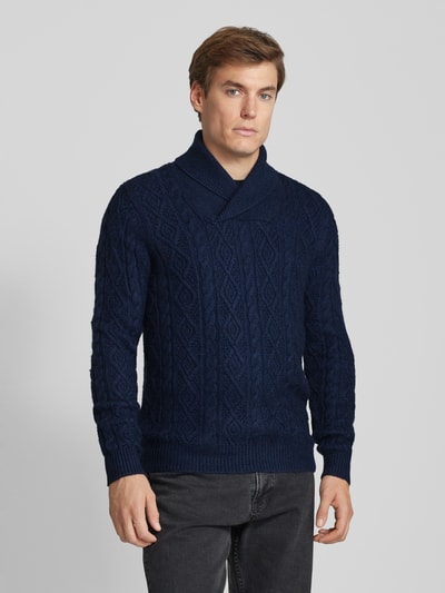 s.Oliver RED LABEL Regular Fit Schalkragenpullover aus Woll-Mix mit Zopfmuster Dunkelblau 4