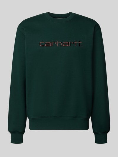Produktfoto, Regular Fit Sweatshirt aus Baumwoll-Mix mit Logo-Stickerei von Carhartt Work In Progress, dunkelgrün, gerippte Abschlüsse, strukturierte Oberfläche