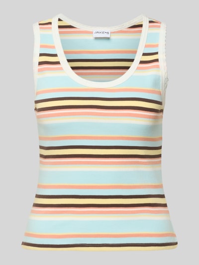 Produktfoto, Tanktop mit Feinripp und Rundhalsausschnitt von Jake*s Casual im Streifenmuster, Baumwoll-Mix mit Stretch-Anteil, Körpernaher Schnitt, Wellensaum, Rückenlänge 49 cm bei Größe S