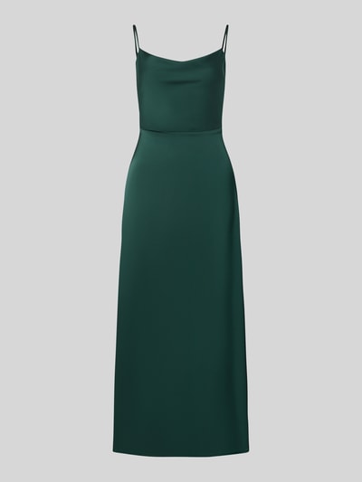 Produktfoto, edles Abendkleid aus Satin Modell 'RAVENNA' von VILA in Dunkelgrün, gerader Schnitt, Wasserfall-Ausschnitt, glatte Textur.
