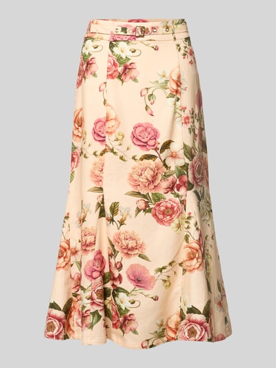 Produktfoto, Midirok met bloemenprint in roze en groen, zuiver viscose, a-lijn, model 'RYAN' van guess, met riem, maat S bandwijdte 37 cm, totale lengte 79 cm