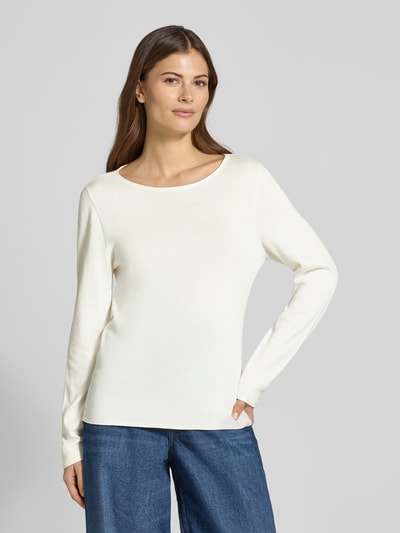 Vrouwenmodel draagt Regular Fit Langarmshirt aus Baumwoll-Viskose-Mix van s.Oliver RED LABEL, look: effen, ronde hals, knitwear, rompzoom en mouwboord met rolzoom, katoen- en viscosemix. Ganzkörperansicht van voren.