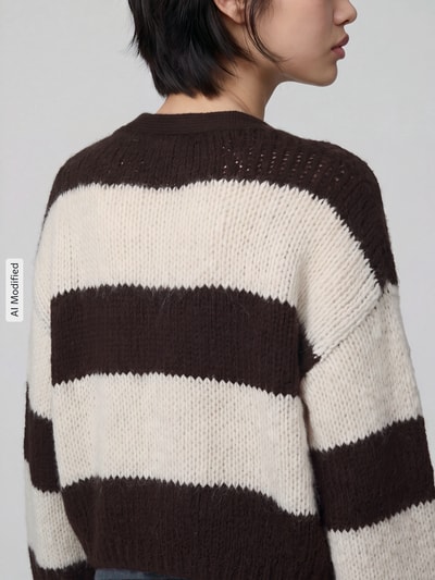 Frauenmodel trägt Strickjacke mit Ballonärmeln von VERO MODA, mehrfarbig gestreift, grober Strick, Nahaufnahme Rückansicht, KI-modifiziertes Bild.