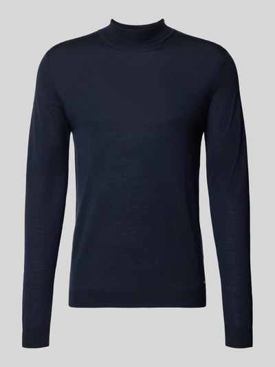 Produktfoto, dunkelblauer Slim Fit Strickpullover aus reiner Schurwolle mit Stehkragen von ROY ROBSON, elastische Abschlüsse, glatte Textur
