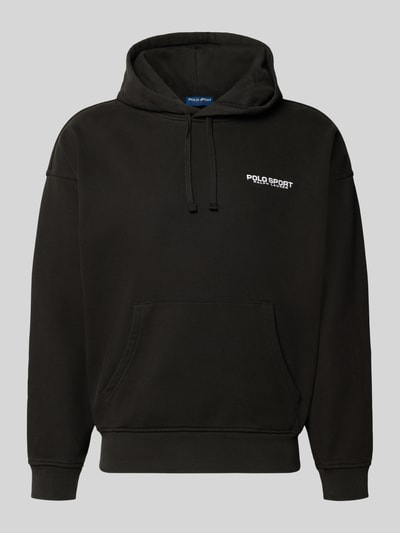 Produktfoto, schwarzer Regular Fit Hoodie aus Baumwoll-Mix von Polo Ralph Lauren mit weißem Logo-Print, weiche glatte Oberfläche.