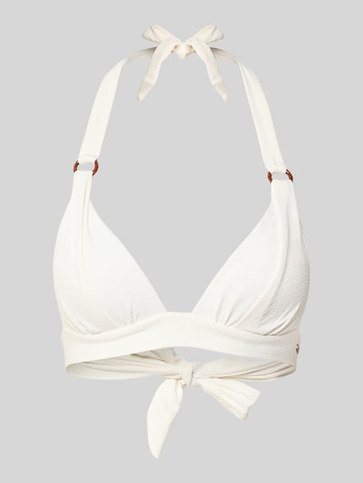 Produktfoto, Bikini-Oberteil mit Label-Detail Modell 'MAHO' von Banana Moon, Material-Mix mit Stretch-Anteil, Neckholder, Schnürverschluss, körpernaher Schnitt, strukturierte weiße Oberfläche