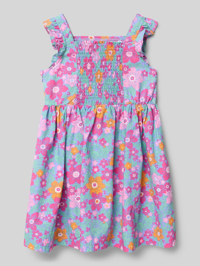Produktfoto, 'Knielanges Kleid mit Karree-Ausschnitt' von Blue Seven aus bawełna, luźny krój, długość do kolan, marszczony detal z tyłu, długość tyłu przy rozmiarze 116: 57 cm, wzór kwiatowy w odcieniach różu, fioletu, pomarańczowego i zieleni