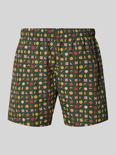 Produktfoto, Regular Fit Swimshorts mit Allover-Motiv-Print von Colmar Originals für Herren, grüner Stoff mit bunten Allover-Motiv-Prints, elastischer Bund mit Tunnelzug, feine Stoffstruktur
