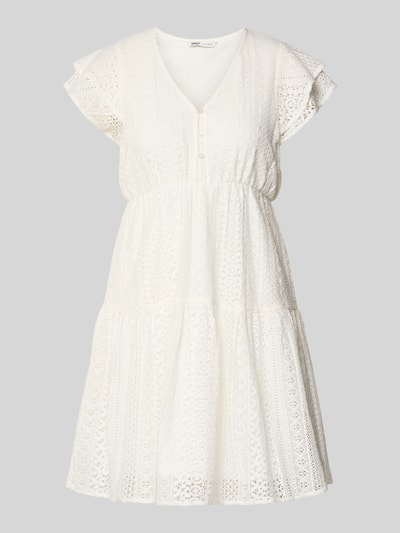 Produktfoto, Tailliertes Blusenkleid aus Baumwoll-Mix Modell 'HELENA' von Only, unifarben weiß, V-Ausschnitt, kurze Knopfleiste, Stickereien, Mini-Länge