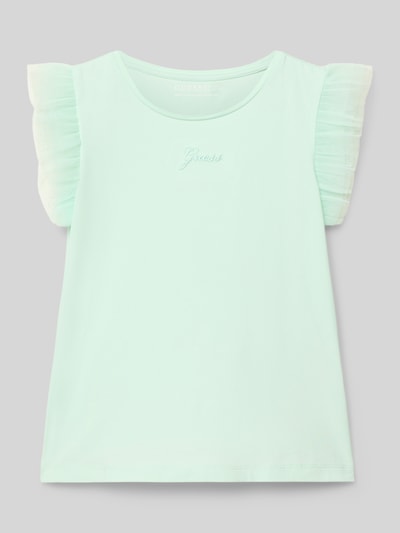 Productfoto, T-Shirt met logo-stitching en ronde hals van Guess, rechte fit, tulle mouw, ruglengte maat 116: 41 cm, mintgroen, gladde stof