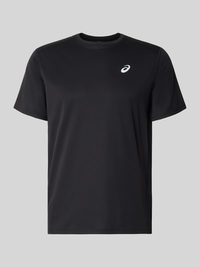 Produktfoto, zwart t-shirt met logoprint, recht model, ronde hals, Model 'CORE' van ASICS TIGER, ruglengte maat M: 72 cm