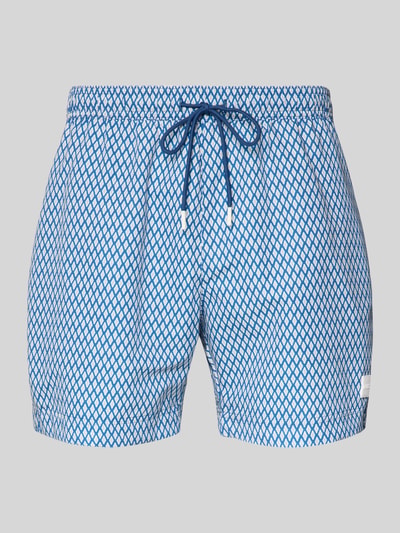 Produktfoto, Badeshorts mit Allover-Muster Modell 'VIBE' von BOSS in Blau-Weiß, Optik:Allover-Muster, Label-Patch, Logo-Stitching, Tunnelzug, elastischer Bundabschluss, seitliche Eingrifftaschen, Gesäßtasche, glatte Textur