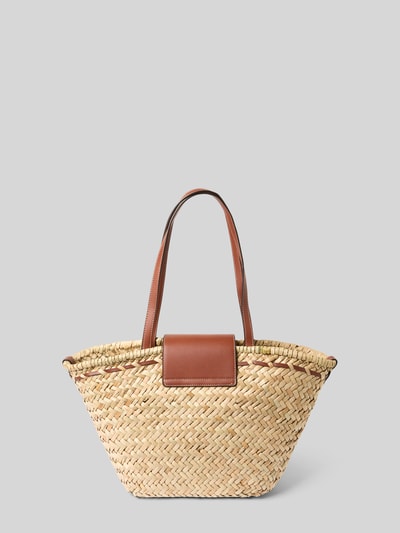 Produktfoto, Shopper aus reiner Baumwolle in Bast-Optik Modell 'CIES' von Mango, offenes Hauptfach, lange Tragehenkel, Zier-Applikation in metallic, beige-braune Farben, Größe 1 mit Breite 65 cm, Länge 33 cm, Tiefe 32 cm, Schulterriemen 59 cm, strukturierte Flechtoptik