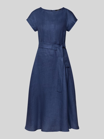 Produktfoto, Tailliertes Freizeitkleid aus reinem Leinen Modell 'ESORDIO' von Weekend Max Mara in Dunkelblau, Webware mit Nahtreißverschluss und Kurzarm, Mini-Länge, Rundhals-Ausschnitt, glatte strukturierte Oberfläche