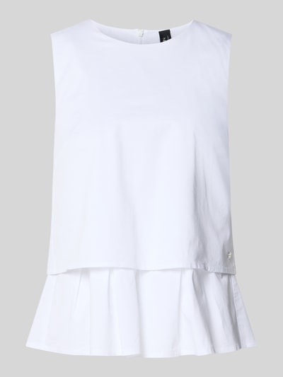 Produktfoto, Blusenshirt mit Volantsaum und Rundhalsausschnitt von Marc Cain, mieszanka bawełny i wiskozy, prosty krój, dół obszyty falbaną, okrągły dekolt, zamek błyskawiczny z tyłu, długość tyłu w rozmiarze 36: 59 cm, kolor biały, gładka struktura, wyraźny dół z falbaną