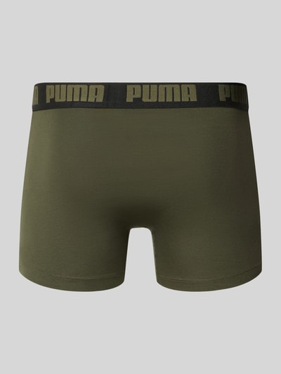 Produktfoto, Slim Fit Boxershorts aus Baumwoll-Mix im 2er-Pack Modell 'EVERDAY' von PUMA für Herren, olivgrün mit schwarzem Bund, glatte Textur