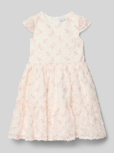 Produktfoto, Regular Fit Kleid mit floralen Allover-Details von Happy Girls, helles Rosa, strukturierte Oberfläche, Rundhalsausschnitt, Kappärmel, Reißverschluss am Rücken, Länge bei Größe 116: 64 cm.