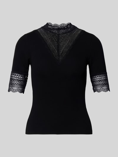 Productfoto, Slim Fit T-shirt uit viscosemix model 'Tilde' van Only, look: effen zwart, met kant, ronde hals, fijnribstructuur