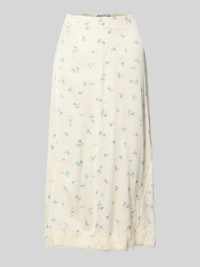 Produktfoto, Ausgestellter Midi-Rock aus reiner Viskose Modell 'SateenSk' von Jake*s Casual in Creme mit zarten blauen Blumen, zarte Spitzenborte