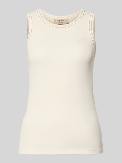 Produktfoto, Tanktop mit Logo-Stitching Modell 'Ara' van MOS MOSH, katoenmix met stretch, aansluitende fit, fijnrib, ronde hals, contrasterende naden, lengte achterzijde maat S: 58 cm, crème, zachte textuur
