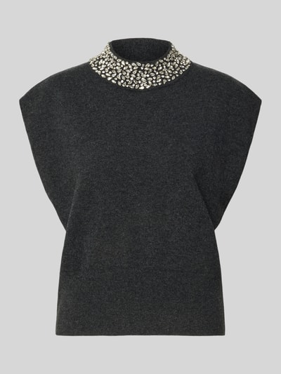 Produktfoto, Stricktop mit Stehkragen und Ziersteinbesatz von Gestuz, dunkelgrauer Material-Mix mit Stretch-Anteil, Regular Fit, Kappärmel, strukturierte Textur