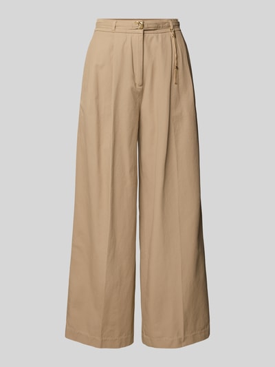 Produktfoto, Straight Fit Hose aus reiner Baumwolle von HUGO in Beige, unifarben, goldener Karabiner-Ketten-Anhänger, Knopfverschluss, glatte Oberfläche.