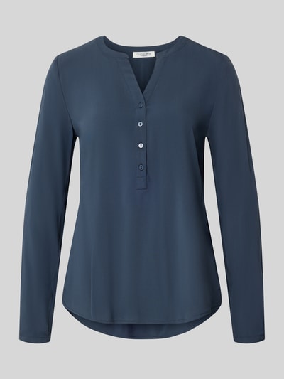 Produktfoto, Regular Fit Bluse aus reiner Viskose mit Tunika-Ausschnitt von Christian Berg Woman, granatowa, gładka, listwa guzikowa, długi rękaw, krój regular fit, długość tyłu 64 cm, długość rękawów 60 cm, wiskoza