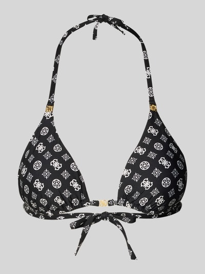 Produktfoto, Bikini-Oberteil in Triangel-Form Modell 'SOLEIL' von Guess im Schwarz-Weiß-Design, Material-Mix mit Stretch-Anteil, körpernahe Passform, dekorative Schnürung
