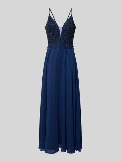 Produktfoto, Tailliertes Abendkleid mit Zierbesatz von LUXUAR FASHION in Dunkelblau, unifarben, Maxi-Länge, Spitzenbesatz, Spaghettiträger