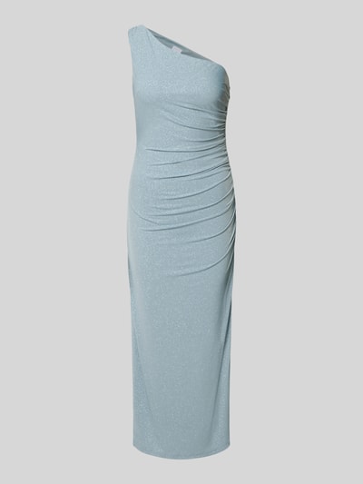 Produktfoto, Cocktailkleid im One-Shoulder-Look von Jake*s Cocktail, schimmernd, figurbetonter Schnitt, Material-Mix mit Stretch-Anteil, Midikleid, Seitenschlitz, Rückenlänge 115 cm, Brustweite 37 cm, hellblauer Ton, feine Glitzer-Textur.
