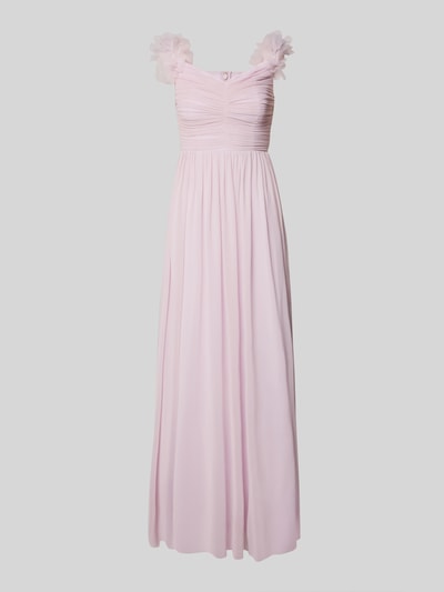 Produktfoto, Abendkleid mit floralen Applikationen und Carmen-Ausschnitt von Lipsy, różowy szyfon, długość maxi, A-linia, z tyłu zapięcie na hak i zamek, Szerokość w rozmiarze 36: 30 cm, długość tyłu w rozmiarze 36: 25 cm