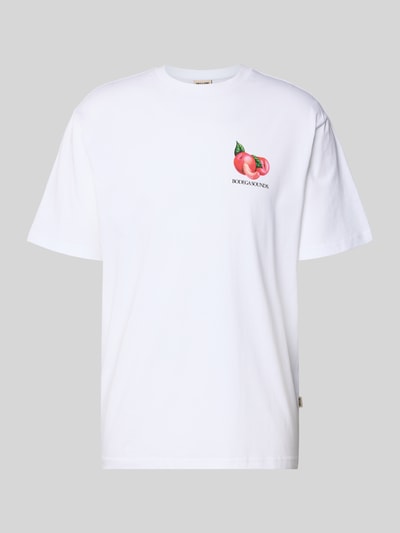 Produktfoto, Relaxed Fit T-Shirt aus reiner Baumwolle Modell 'TASTY' von Only & Sons in Weiß mit kleinem Schriftzug-Print und Fruchtmotiv auf der Vorderseite, unifarbene Optik, Rundhalsausschnitt, kurzarm, glatte Textur.
