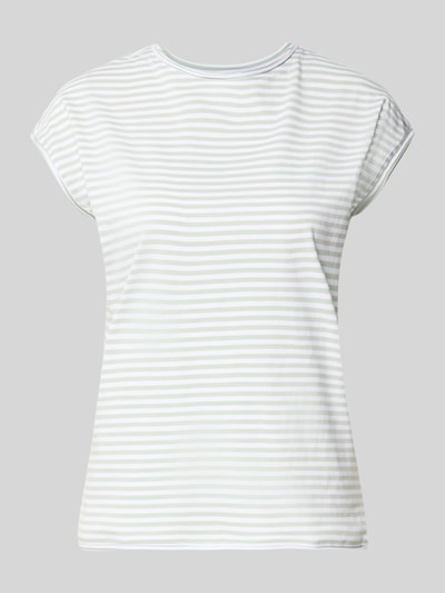 Produktfoto, T-Shirt mit Rundhalsausschnitt von Christian Berg Woman aus reiner Baumwolle, Regular Fit, feine weiße und graue Streifen, Rollsaum, Rückenlänge 55 cm, glatte Textur
