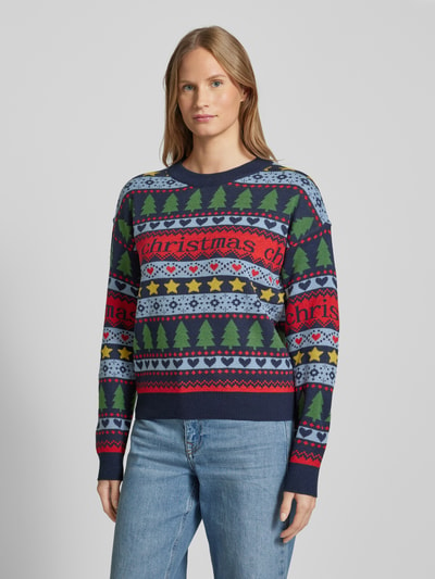 Vero Moda Relaxed Fit Weihnachtspullover mit Schriftzug Modell 'HAPPY FROSTLIGHT' Marine 4