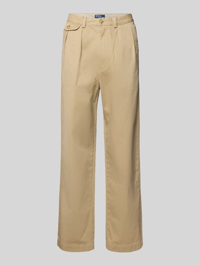 Productfoto, Chino met plooien en achterzakken van Polo Ralph Lauren, beige katoen, regular fit, rechte pijpen, heldere textuur.