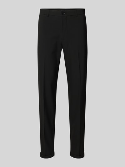 Produktfoto, czarne spodnie materiałowe Regular Fit Stoffhose mit Viskose-Anteil Modell 'Liam' od Matinique, elastyczna mieszanka materiałów z dodatkiem wiskozy, kanty, zapięcie na guzik i zamek błyskawiczny, szerokość w pasie 42 cm, długość wewnętrzna nogawki 80 cm.