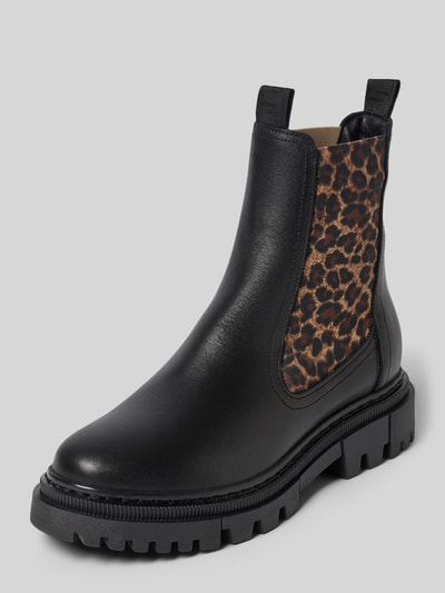 Produktfoto, schwarze Chelseas aus echtem Rindsleder von Tamaris mit seitlichem Leomuster, strukturierte Gummisohle, Damen Chelseas von Tamaris