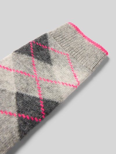 Productfoto, Socken mit Woll-Anteil van UNIO HAMBURG, elastische materiaalmix, ribboordjes, motief met contraststrepen, grijze en roze tinten