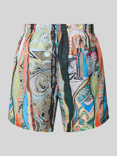 Produktfoto, Badehose mit Gesäßtasche von COLUCCI, buntes abstraktes Muster, lockere Passform, elastischer Bund, seitliche Taschen