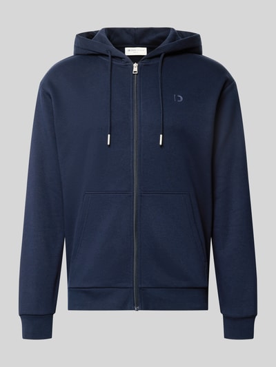 Produktfoto, dunkelblaue Regular Fit Sweatjacke aus Baumwoll-Mix von Tom Tailor Denim mit Reißverschluss, Kapuze und Logo-Detail, unifarben, Sweat-Material, seitliche Taschen, gerippte Abschlüsse