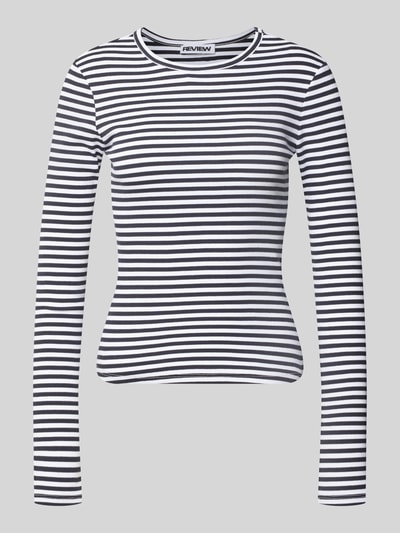 Produktfoto, Slim Fit Langarmshirt mit Rundhalsausschnitt von REVIEW, schwarz-weiß gestreift, elastischer Baumwoll-Mix, glatte Textur