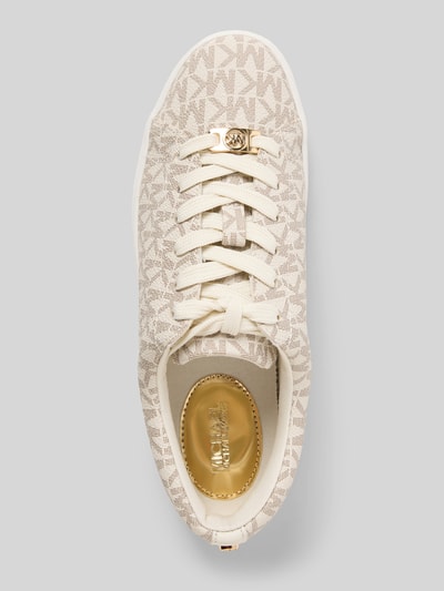 Productfoto, Sneaker met allover-logo-print model 'Keaton' van MICHAEL Michael Kors, lederlook, afgeronde pasvorm, gladde zool, beige tinten.