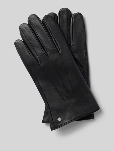 Produktfoto, Lederhandschuhe aus echtem Leder von Roeckl, schwarz, glatte Textur, Fingerhandschuhe, Label-Detail metallic, Ziernähte