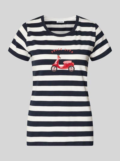 Productfoto, T-Shirt met motiefprint en ronde hals van More & More, katoen-elastaanmix, regular fit, zwart-wit gestreept, lengte rug 63 cm bij maat 36
